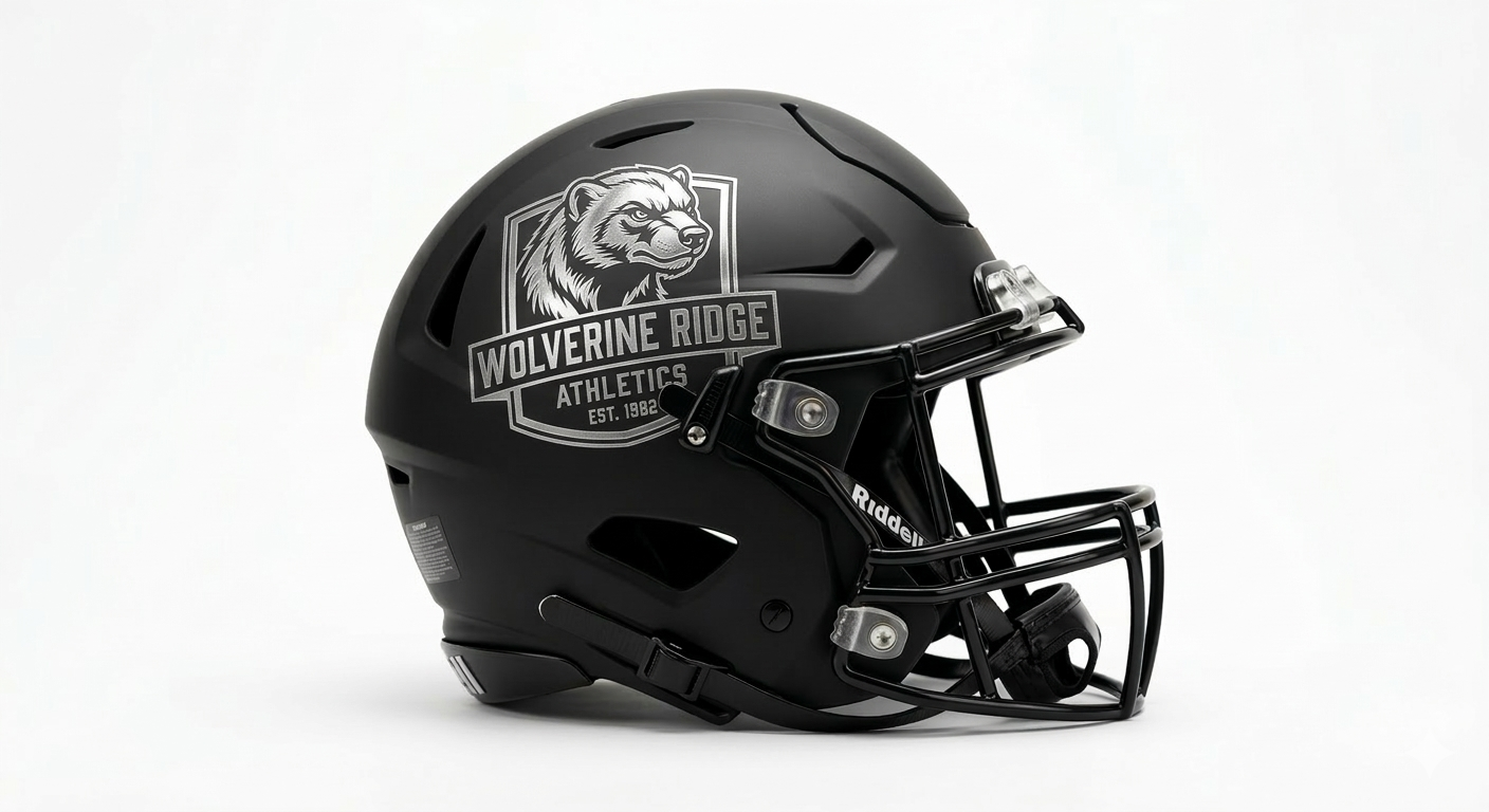A black football helmet with a Wolverines Ridge Athletics logo featuring a bear's face, placed on a plain white background.