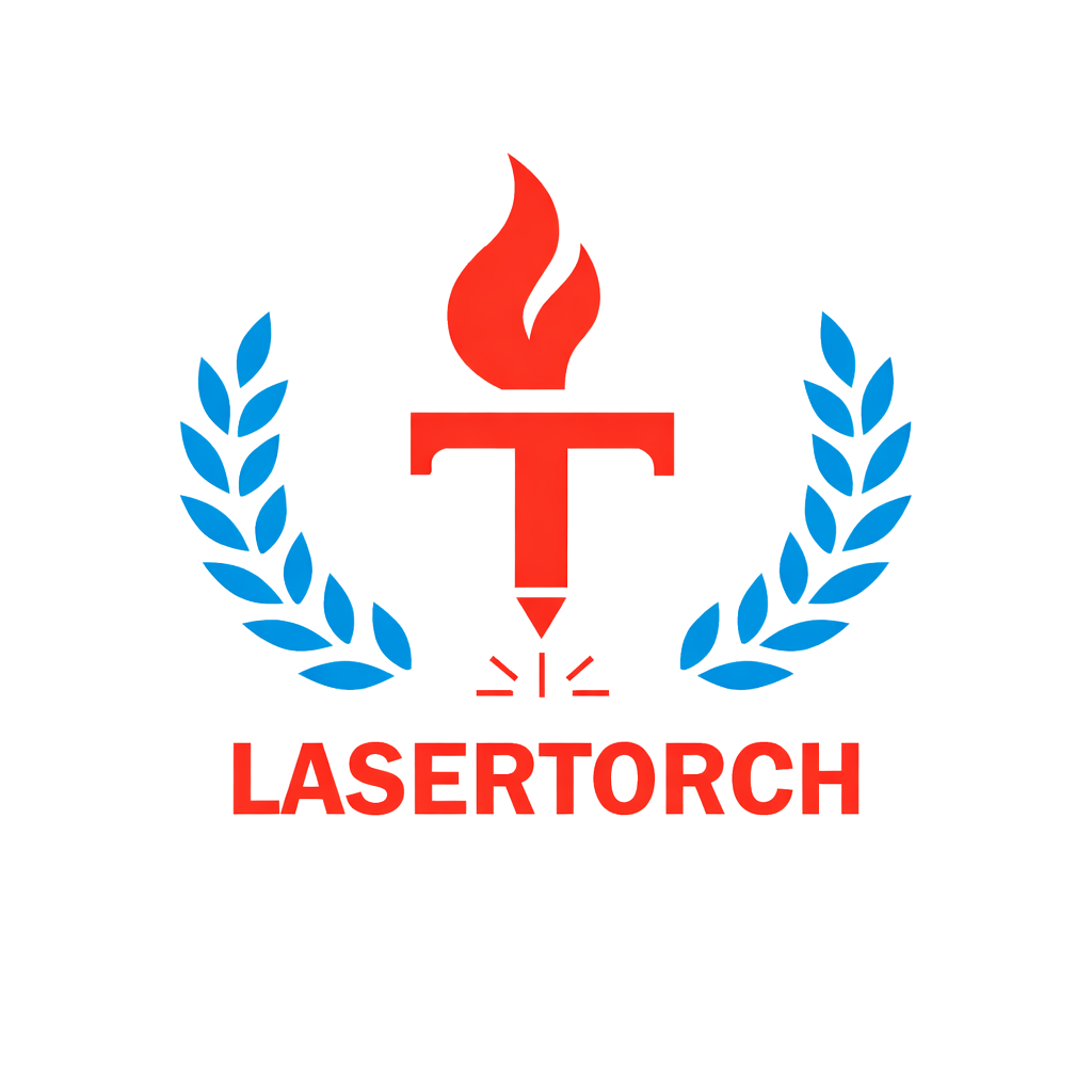 A stylized graphic of a candle with a flame, surrounded by laurel branches, and the words 'LASERTORCH' below in red.
