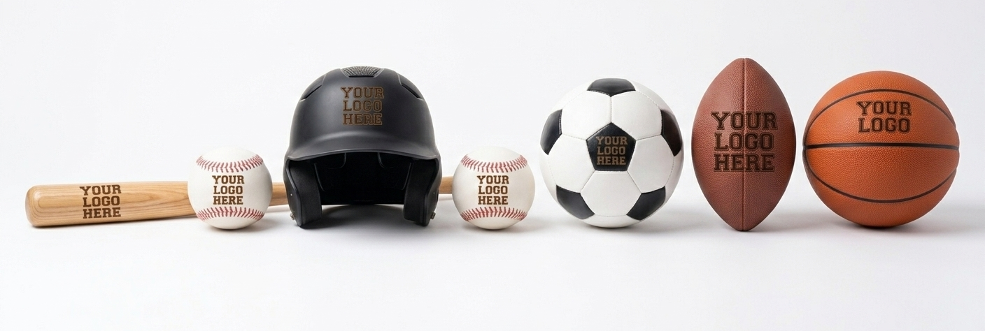 Collection of sports equipment including a wooden baseball bat, two baseballs, a black bike helmet, a black and white soccer ball, a brown American football, and an orange basketball, all with customizable 'Your Logo Here' text.