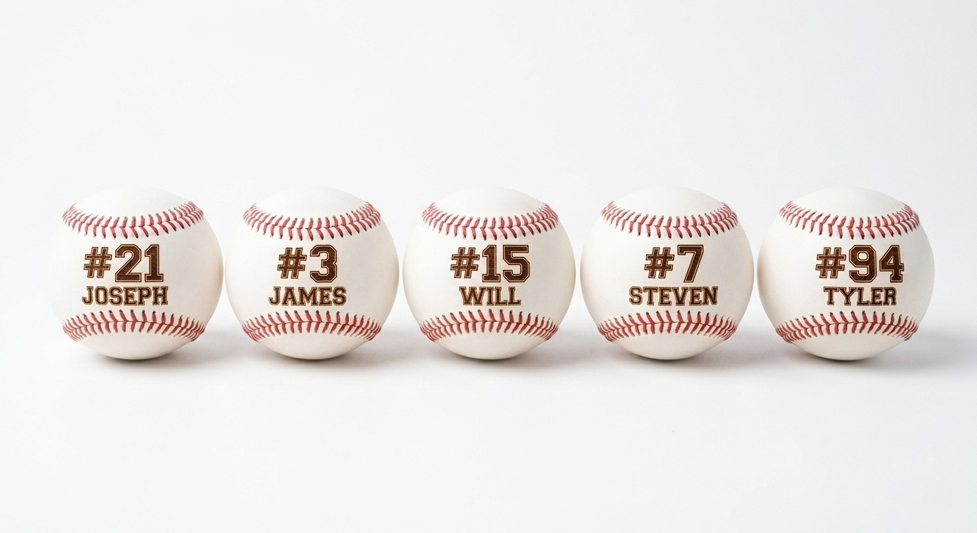 Five white baseballs with red stitching, each with a number and name printed in brown, lined up on a white background.