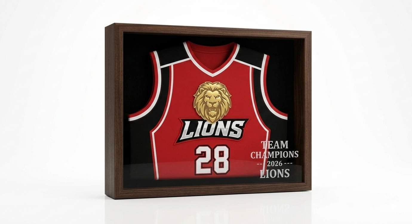 A framed display of a red and black basketball jersey with the number 28, a lion logo, and the text 'LIONS' inside the frame, with additional text outside the frame reading 'TEAM CHAMPIONS 2026 LIONS'.