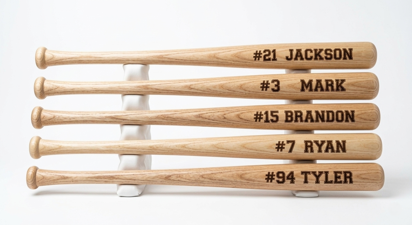 Five wooden baseball bats displayed on a white stand, each with a different player's number and name engraved.