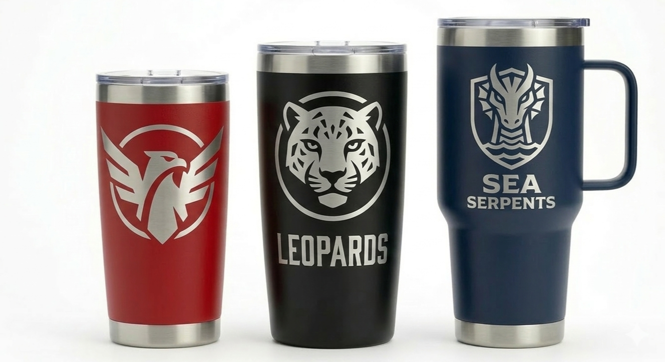 Three travel mugs with team logos: a red mug with a phoenix logo, a black mug with a tiger's face, and a blue mug with a dragon and sea serpent logo.