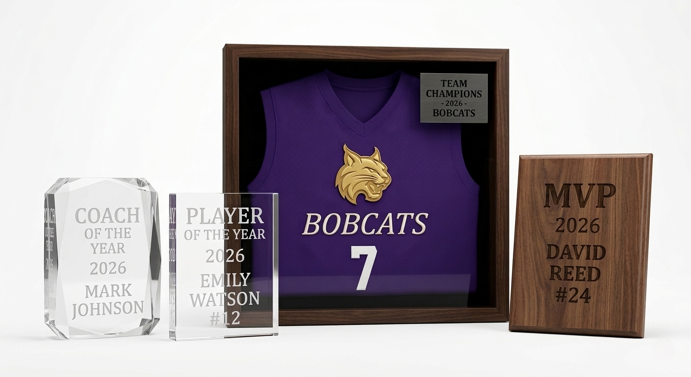 Display of sports awards and memorabilia, including a framed purple basketball jersey with the number 7 and the word 'BOBCATS,' two crystal trophies labeled 'Coach of the Year' and 'Player of the Year' for 2026, and a wooden plaque with 'MVP 2026 David Reed #24' engraved on it.