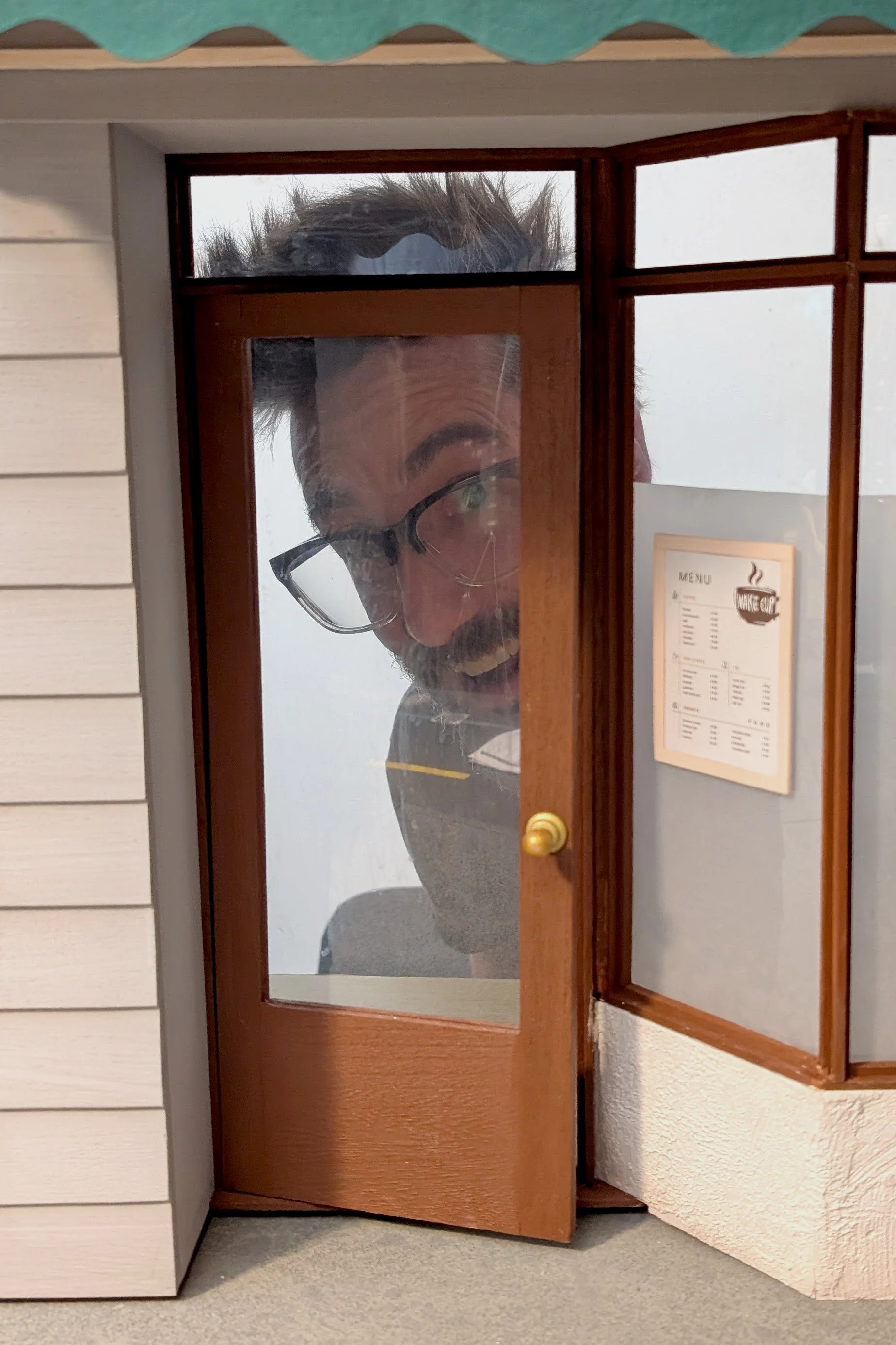 A man with glasses and a beard peering through a glass door from behind, smiling.