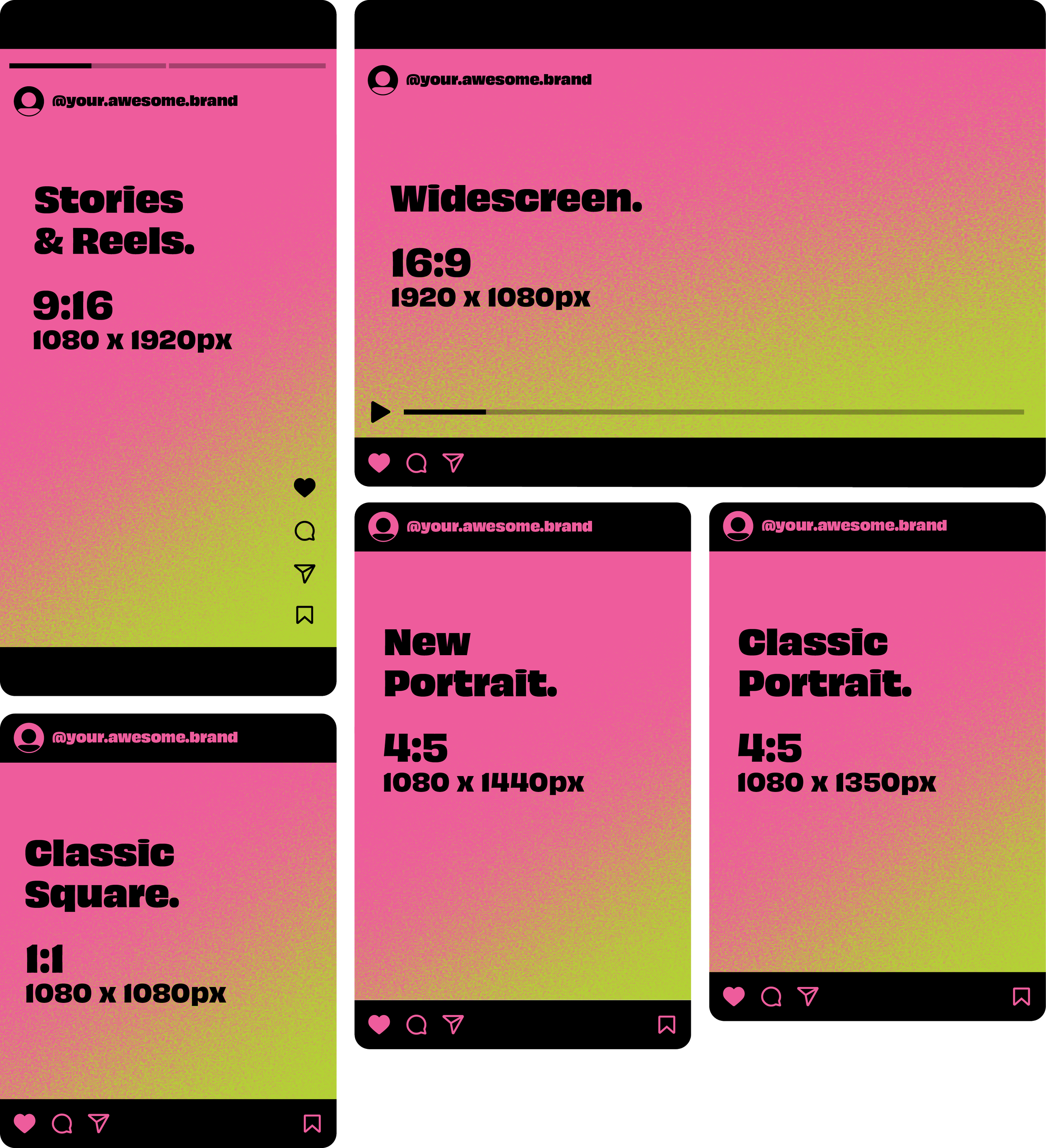 Collage of five social media posts showcasing different video formats and aspect ratios, including stories, reels, widescreen, portrait, and square, with pink and yellow gradient backgrounds and black text.