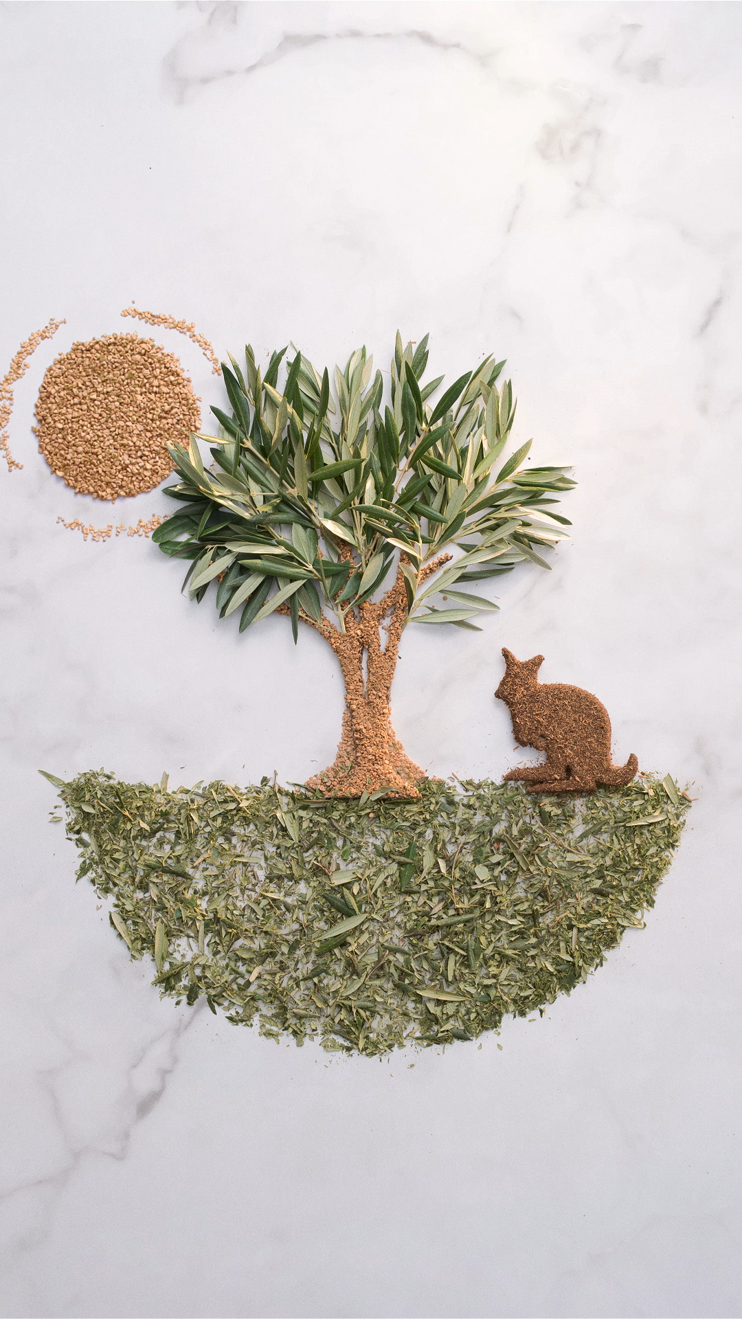 A decorative arrangement made of various recycled, olive grove refuse on a marble surface, including a tree with green leaves, a wallaby figure, and a sun-shaped round of seeds or grains.