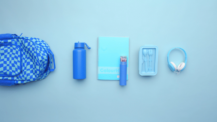 Stop motion backpack eating up school supplies, then regurgitating a range of colourful school supplies