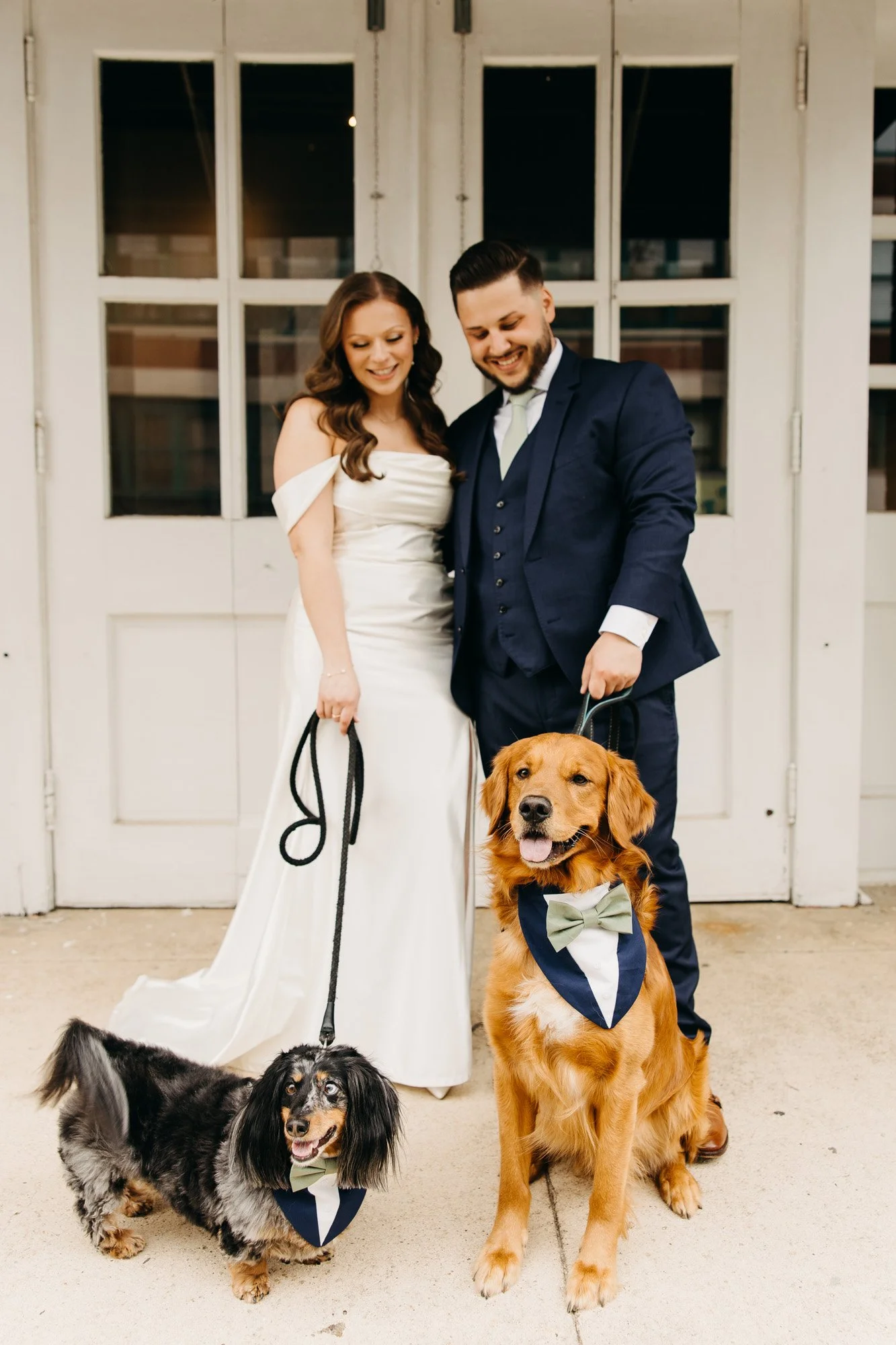 A newlywed couple in wedding attire standing with two dogs, all wearing matching bow ties and bandanas, in front of a white door with glass panels.