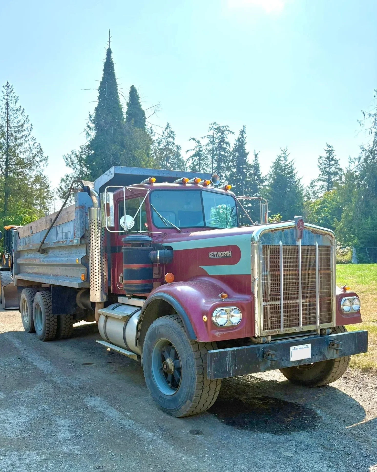 A red Kenworth dump truck parked outdoors on a dirt ground with a forested background and blue sky.