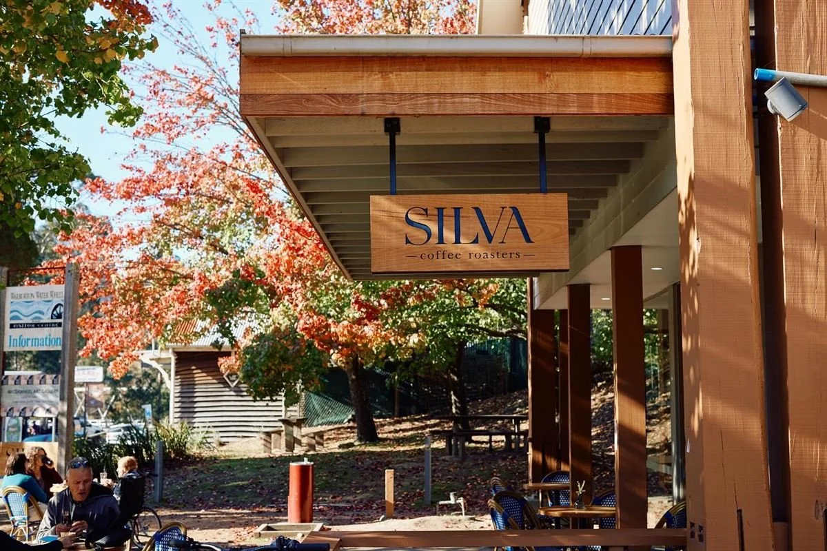 Exterior view of Silva Coffee Roasters with outdoor seating, a wooden sign hanging from the building, autumn trees with red and orange leaves, and a few people sitting at tables.