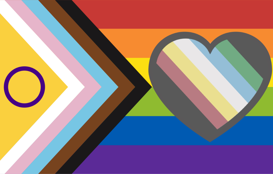 progressive pride flag with a disability pride love heart in the middle.