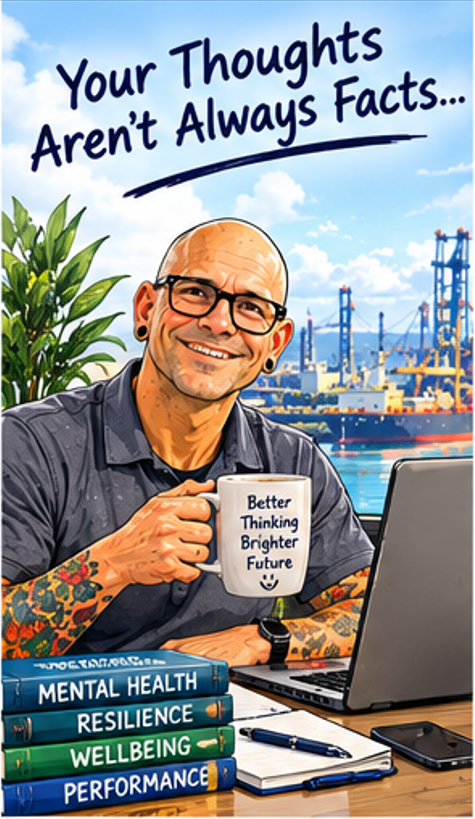 Illustration of Iain Wheatley promoting mental health, resilience and wellbeing in Gladstone, Queensland, with the message that thoughts aren't always facts.