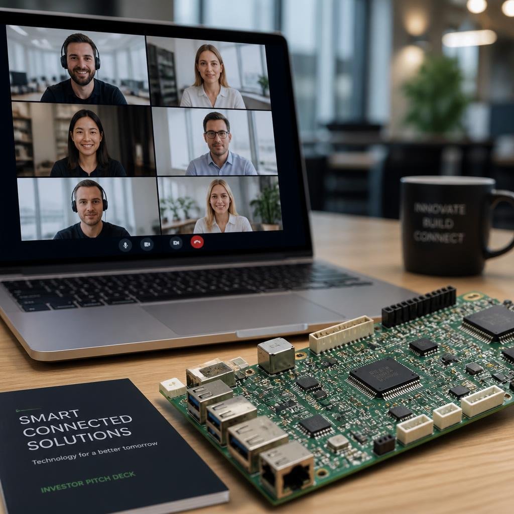 Laptop displaying a video conference call with six diverse participants, surrounded by a circuit board, a black mug with text, and a booklet titled 'Smart Connected Solutions' on a wooden desk inside an office.