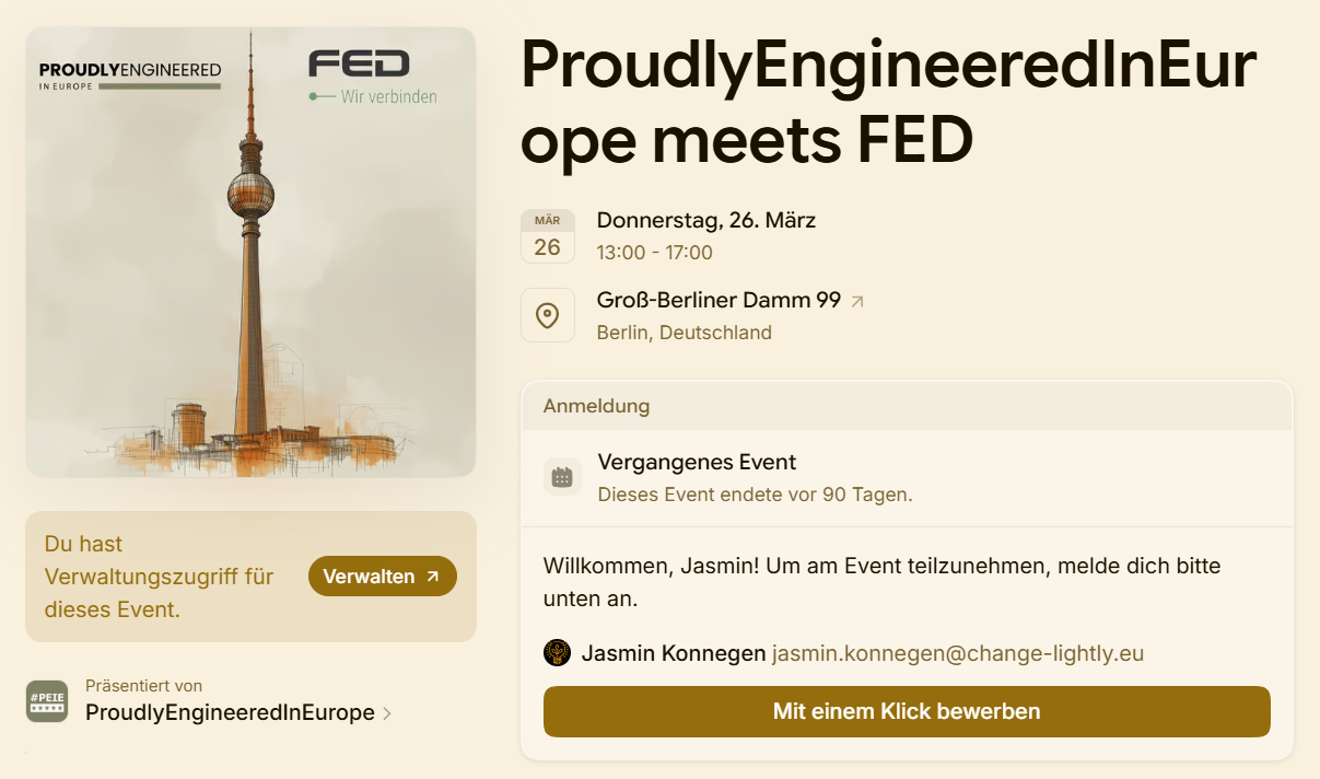 A digital event invitation for a conference titled 'ProudlyEngineeredInEur ope meets FED' held on March 26th from 1:00 PM to 5:00 PM at Groß-Berliner Damm 99 in Berlin, Germany. The image features a stylized illustration of the Berlin TV Tower (Fernsehturm).