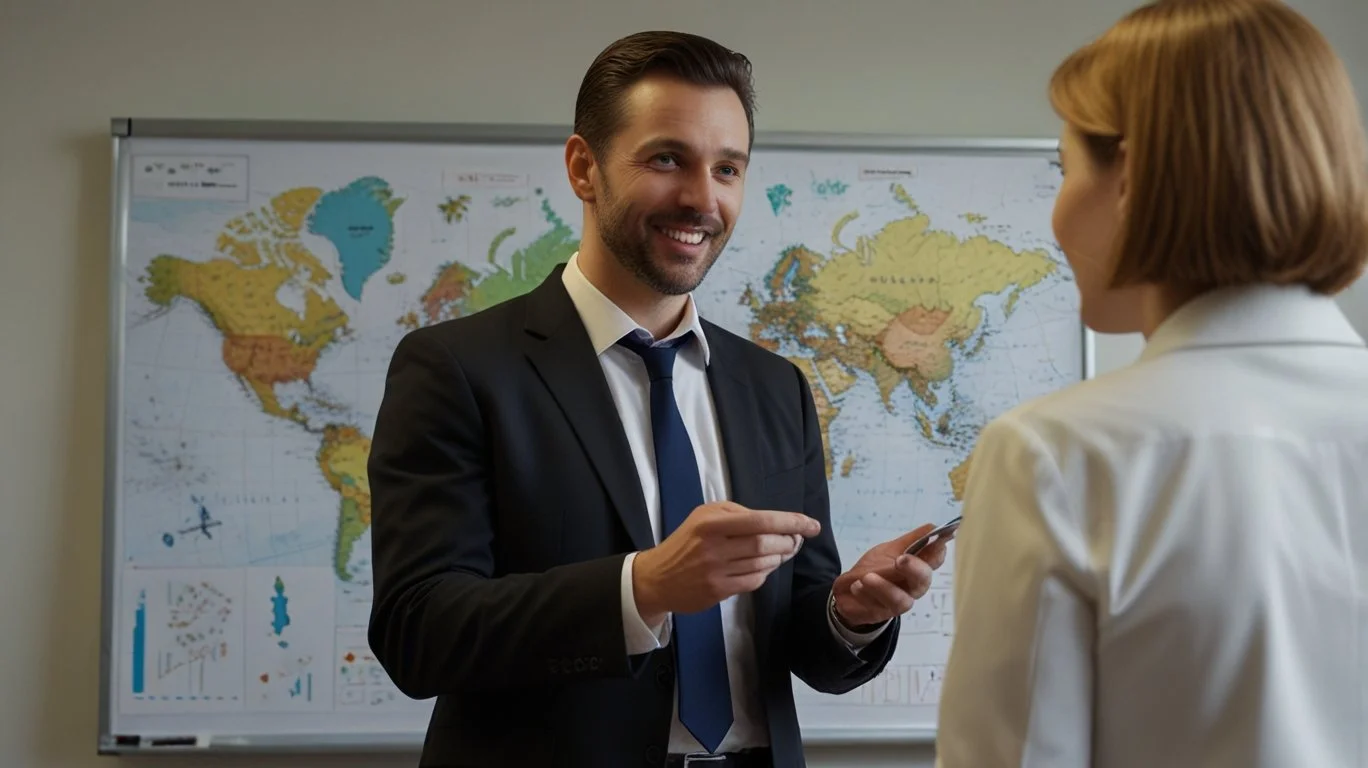 A man in a suit smiling and talking to a woman holding a phone, with a world map on a whiteboard in the background.