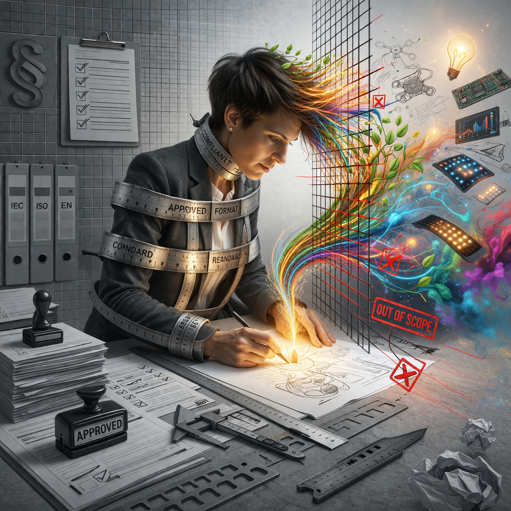 A person working at a desk surrounded by technical drawings, binders, and measuring tools, with colorful digital art representing creativity and innovation emerging from the drawing.