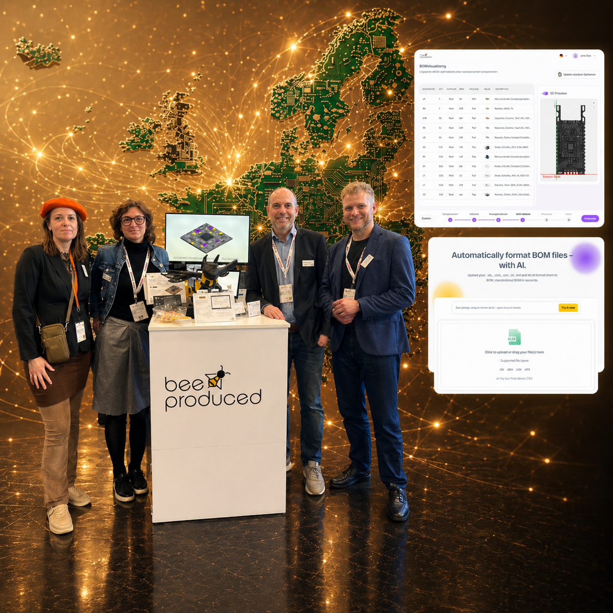 Four people standing behind a booth with a sign that says 'bee produced' at a technology trade show or conference. Two women and two men are smiling, with a large digital screen displaying a circuit board and a map of Europe in the background. The scene features a digitally rendered world map with interconnected nodes and glowing points.
