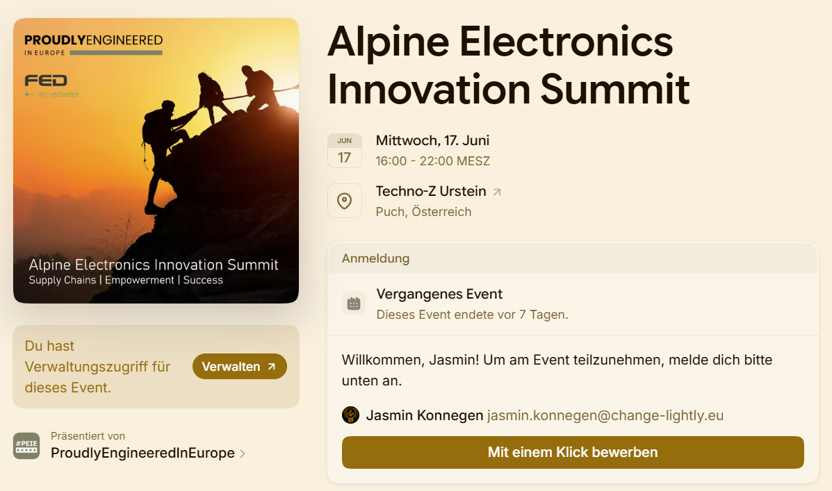 Event banner showing a mountain climbers silhouette at sunset, promoting the Alpine Electronics Innovation Summit in Puch, Austria on June 17 from 4 pm to 10 pm, organized by ProudlyEngineeredInEurope.