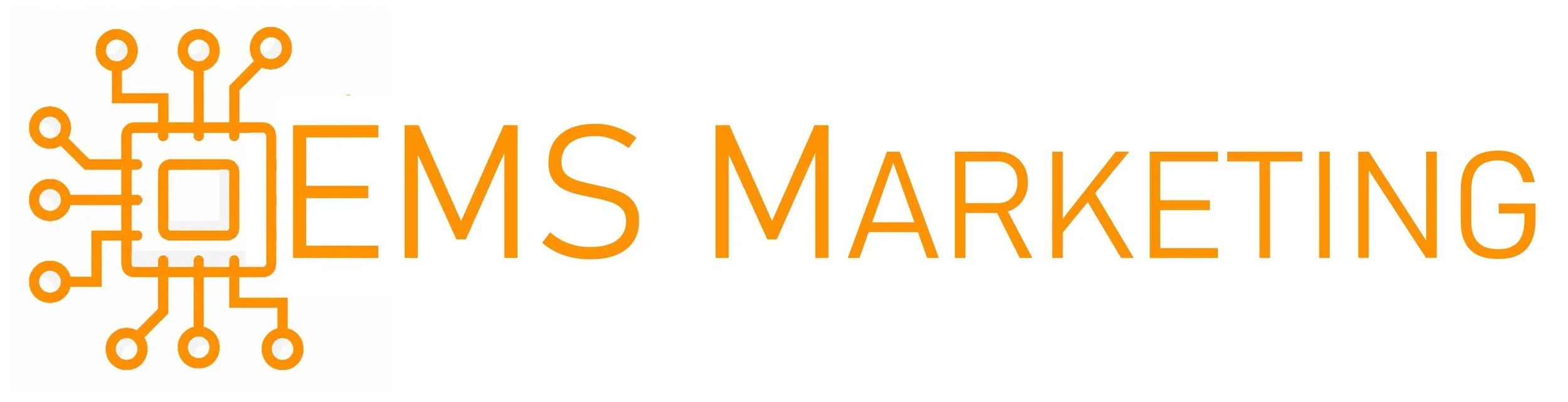 Logo with orange circuit board design and text reading "EMS Marketing" in orange letters.