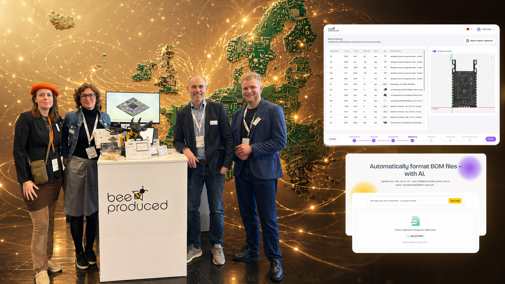 Group of four people standing at a booth with technological displays and a logo that says 'bee produced'. The background features a digital map of Europe with circuit-like patterns and glowing lines. Two screens display technical information related to electronic components and file formatting, with one showing a list of components and another showing an AI-based file formatting tool.