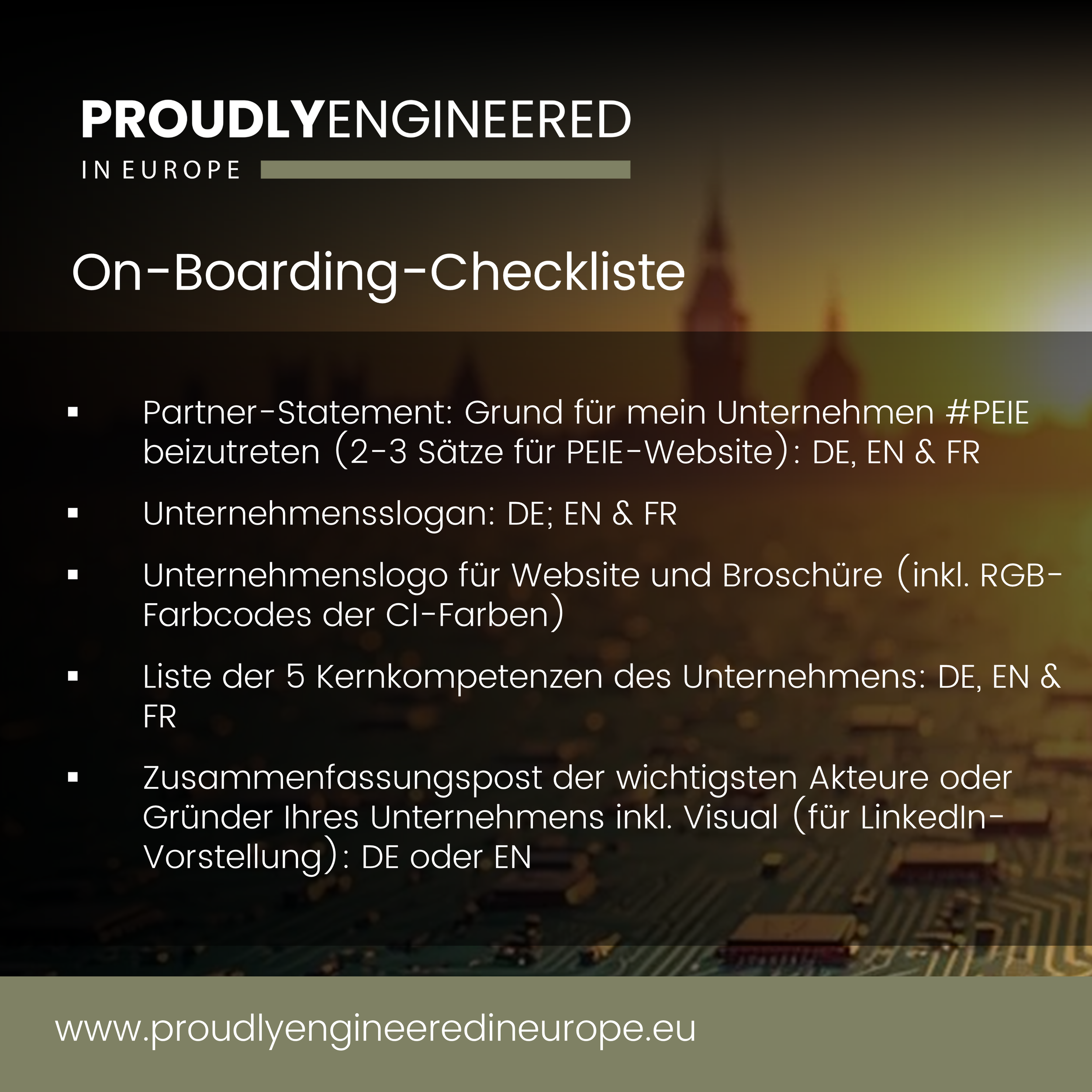 A digital presentation slide with dark background and white text about proudly engineered in Europe, including an on-boarding checklist, partner statement, company slogan, logo, and website URL, with some words in German and French.