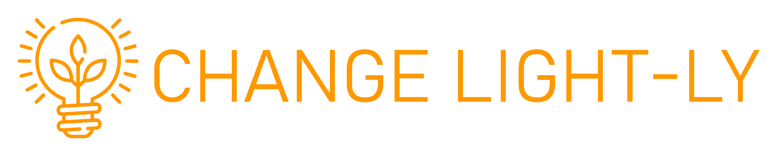Logo with an orange outline of a lightbulb containing a plant with two leaves, accompanied by the text "CHANGE LIGHT-LY" in orange.