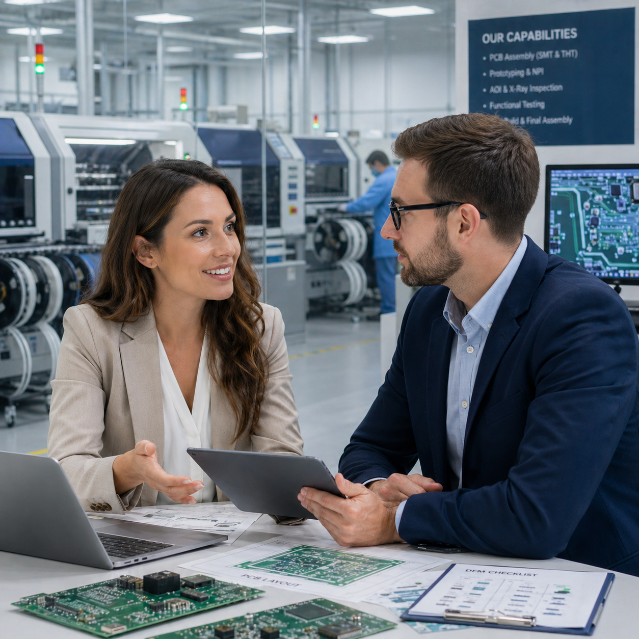 Two professionals, a woman and a man, are engaged in a discussion at a table in an electronics manufacturing facility. The woman is explaining something and holding a tablet, while the man listens attentively. The table has laptops, circuit boards, and documents. In the background, there is manufacturing equipment, a worker in a blue lab coat, and a sign listing capabilities like PCB assembly and testing.