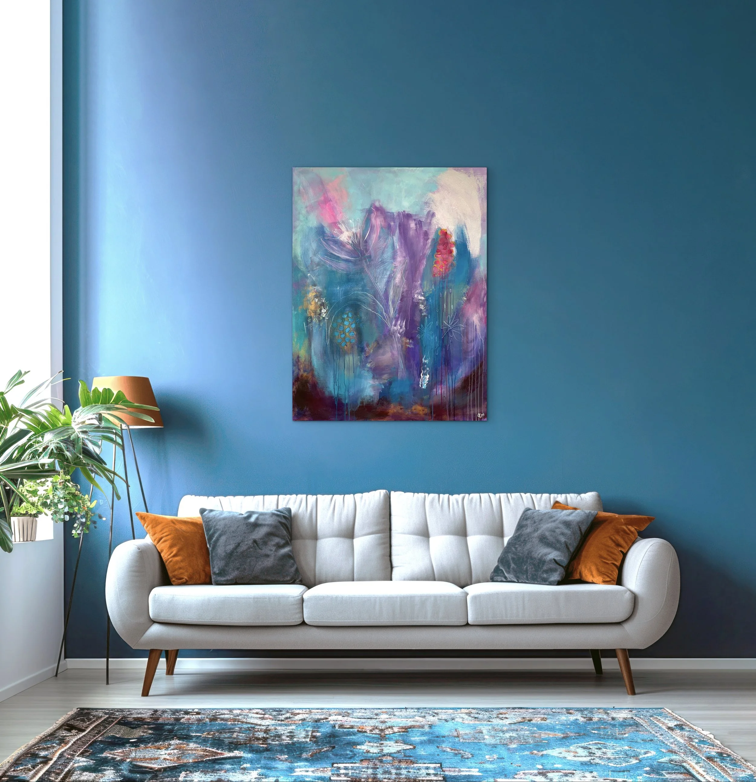 Taulu olohuoneen seinällä ilman kehyksiä.