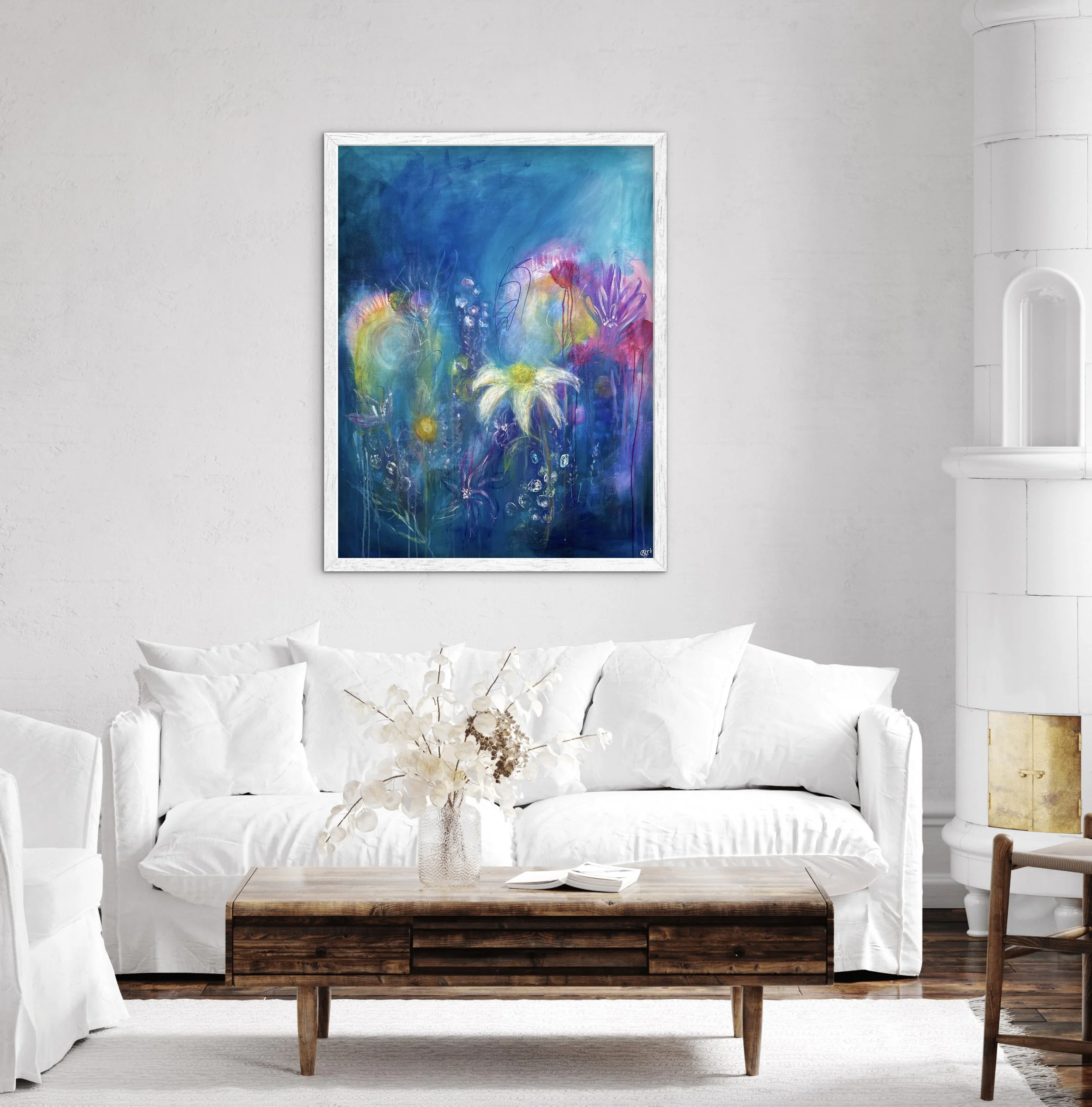 Taulu olohuoneen seinällä kuvitteellisilla kehyksillä.