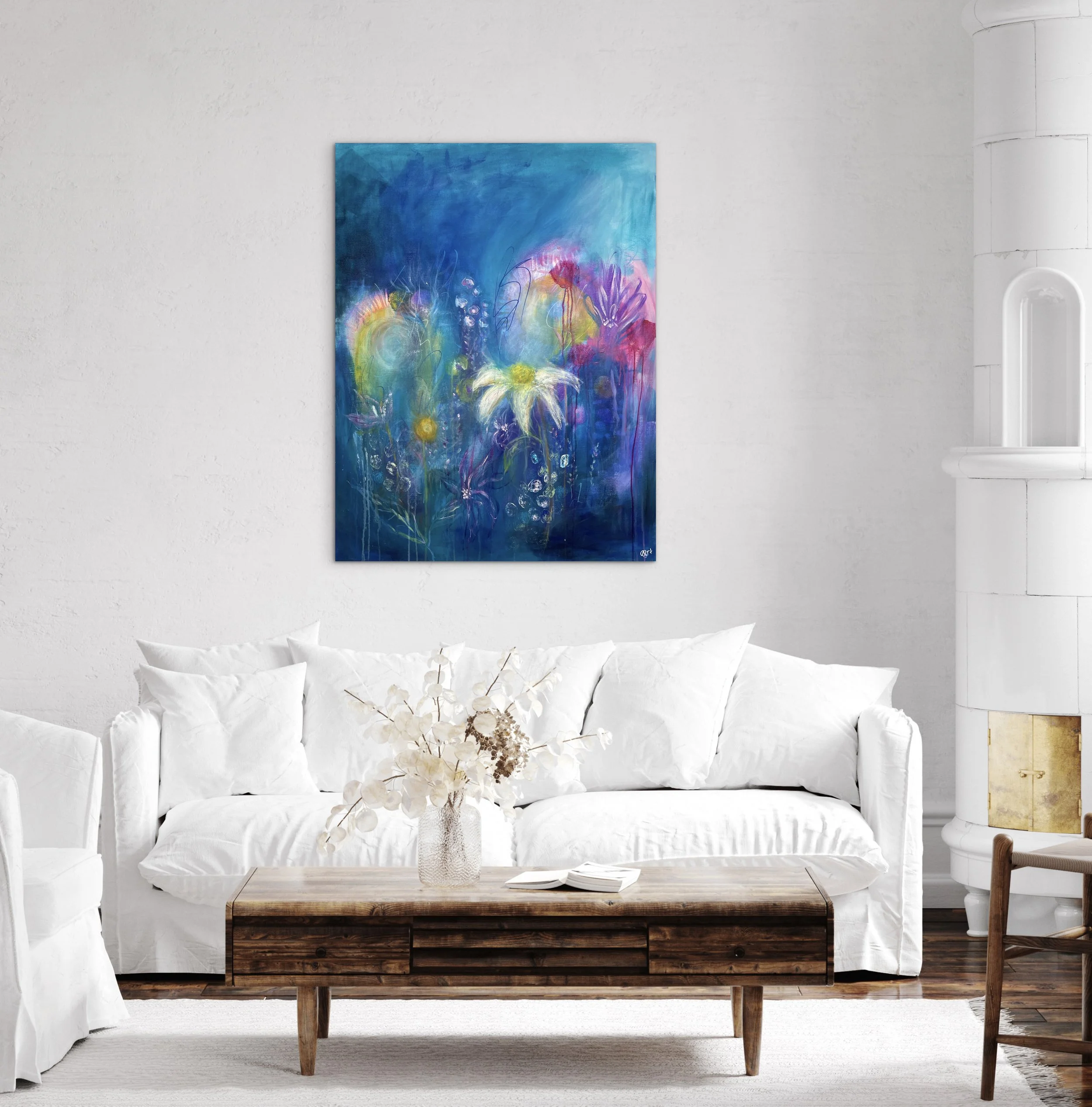 Taulu olohuoneen seinällä ilman kehyksiä.