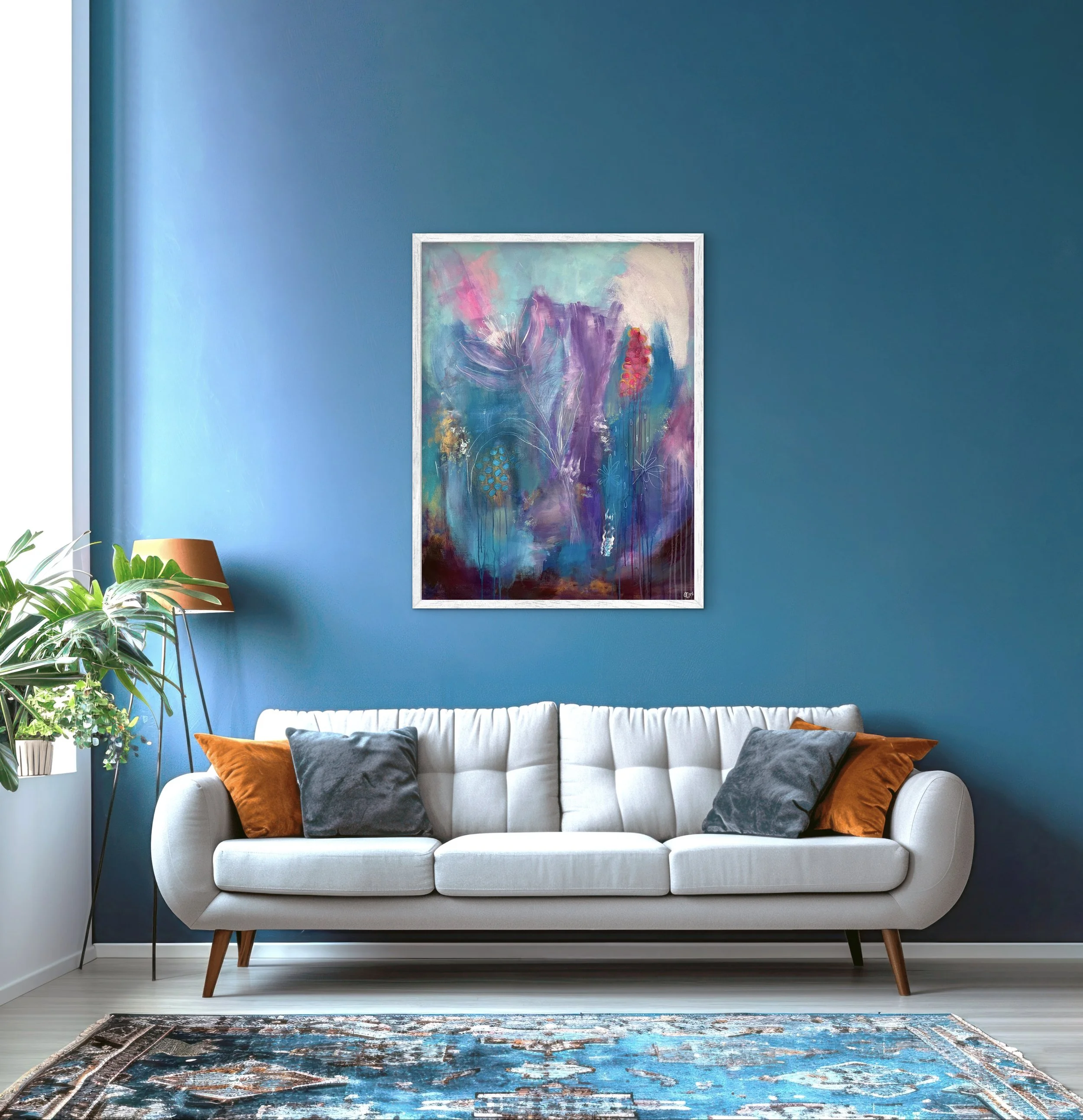 Taulu olohuoneen seinällä kuvitteellisilla kehyksillä.