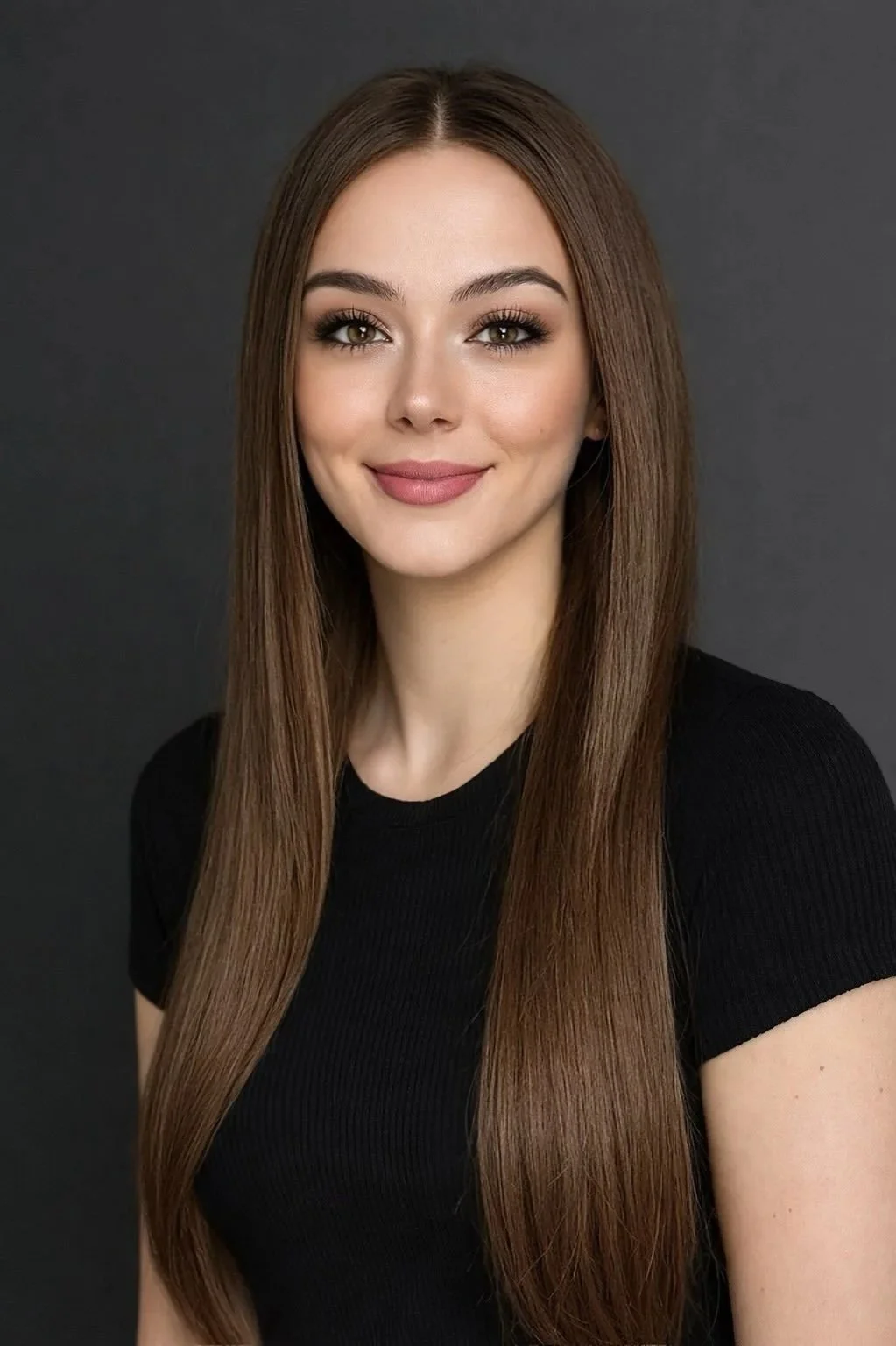 A woman with long brown hair wearing glasses on her head, makeup, and a dark shirt, looking at the camera against a plain background.