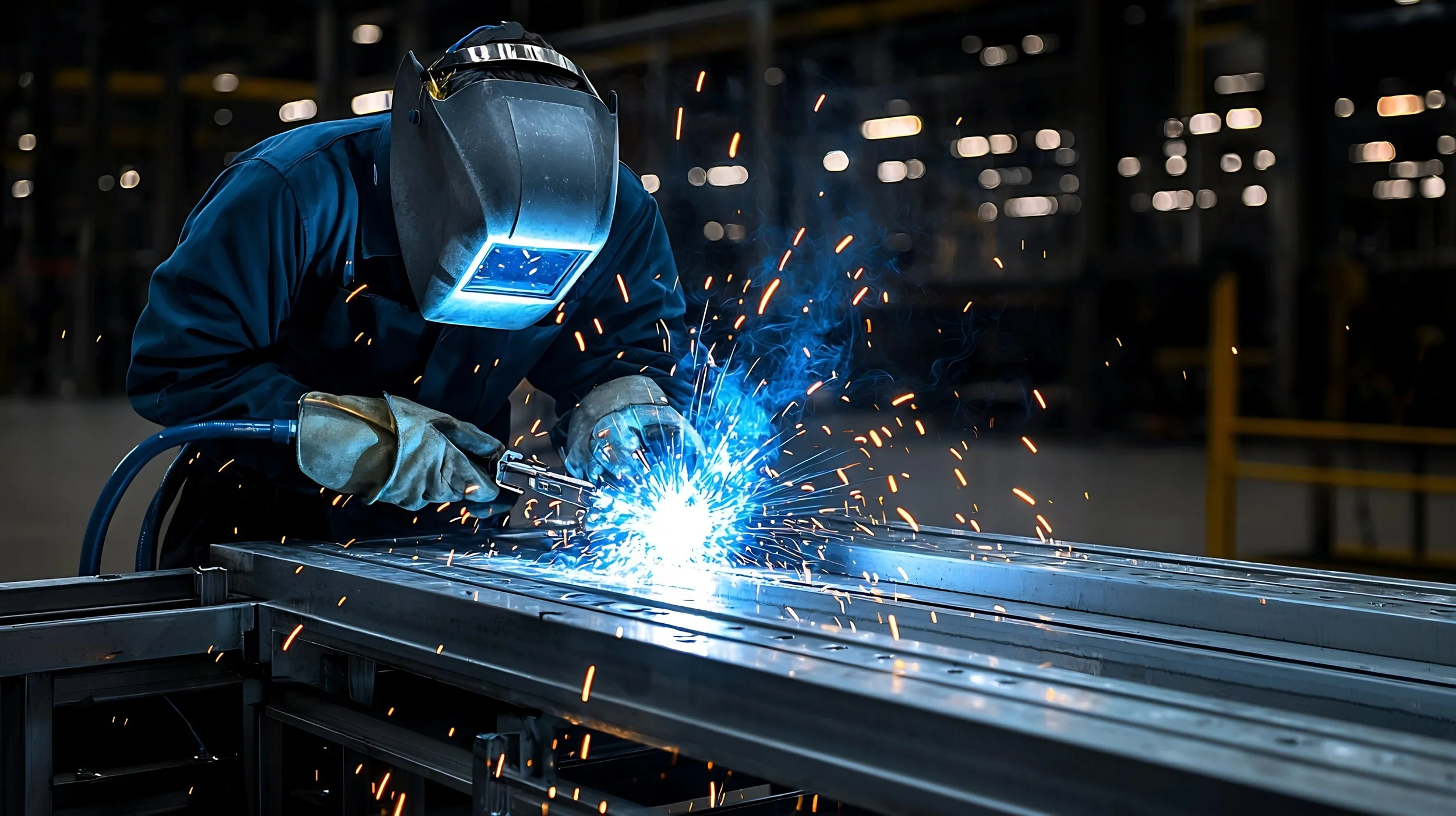 A worker welding metal in an industrial workshop, sparks flying from the welding process, wearing protective gear including a welding helmet and gloves.