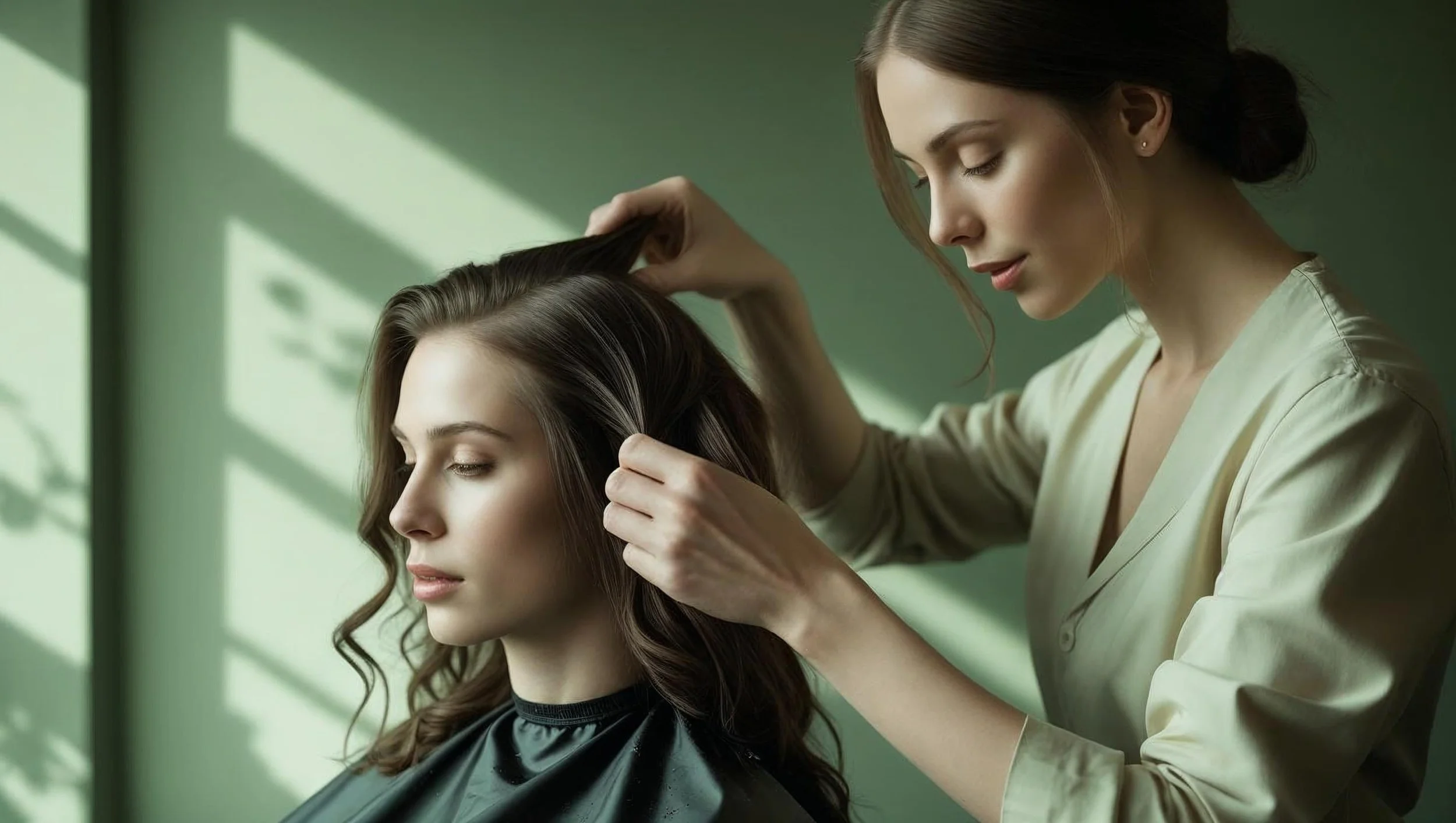 Hairdresser styling a woman's brown, wavy hair in a salon with green walls and sunlight.