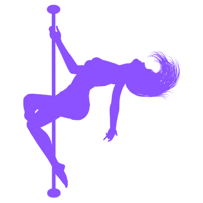 Silhouette of a woman performing pole dance, leaning back with one hand gripping the pole and legs wrapped around it.