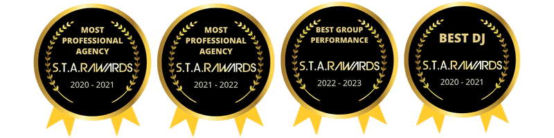 Four awards ribbons for S.T.A.R. Awards from 2020 to 2023, including Most Professional Agency, Best Group Performance, and Best DJ.