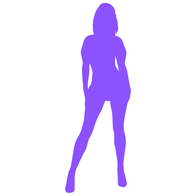 Silhouette of a woman standing with hands on hips, depicted in purple.