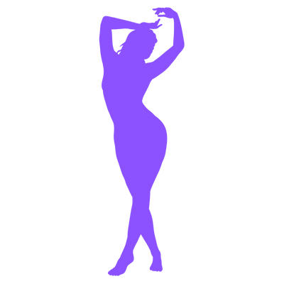 Silhouette of a woman striking a pose with hands above her head, in purple color.