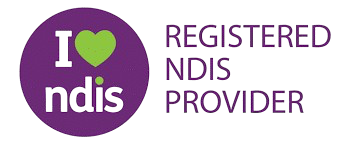 Purple circle with white and green text that says 'I love ndnis' and additional text reading 'Registered NDIS Provider' on a white background.