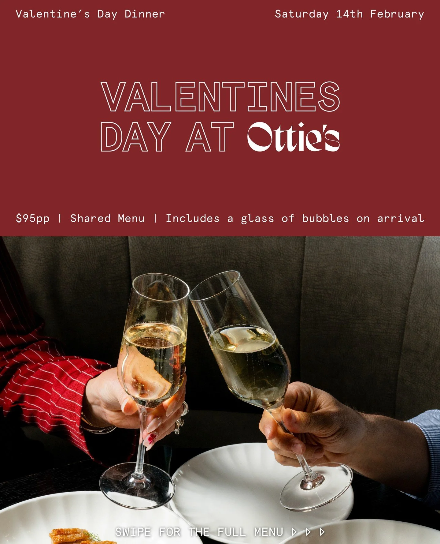 Valentine&rsquo;s at Ottie&rsquo;s isn&rsquo;t about rushing through courses or ticking boxes. It&rsquo;s about settling in, pouring the first glass, and letting the evening unfold. ❤️ 🥂⁠
⁠
Bubbles on arrival, a set menu built for lingering - from B