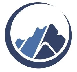 A logo featuring stylized blue mountains inside a circle.