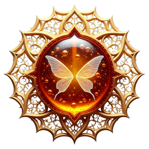 An intricate, gold ornamental frame with a central glowing orange circle containing a white butterfly, surrounded by bubbles and glowing light effects.