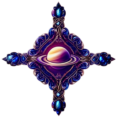 A digital artwork of a cosmic-themed ornamental cross with a central planet resembling Saturn with rings, surrounded by intricate swirling patterns of blue and purple nebula-like elements.