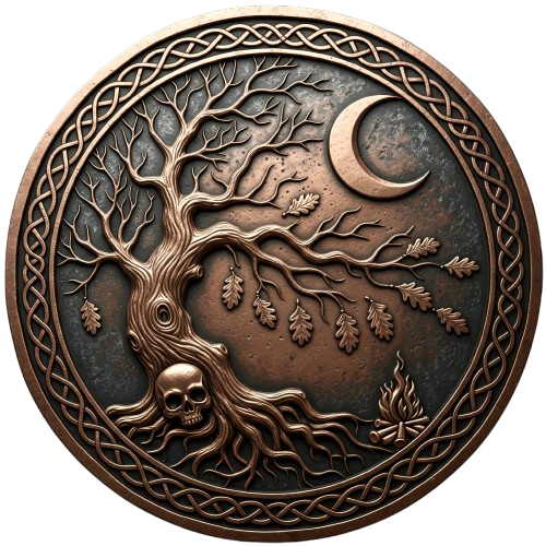 A bronze-colored circular emblem featuring a detailed tree with twisted roots and branches, a skull at the base, some leaves on the branches, a campfire with flames, a crescent moon, and an intricate Celtic knot border.
