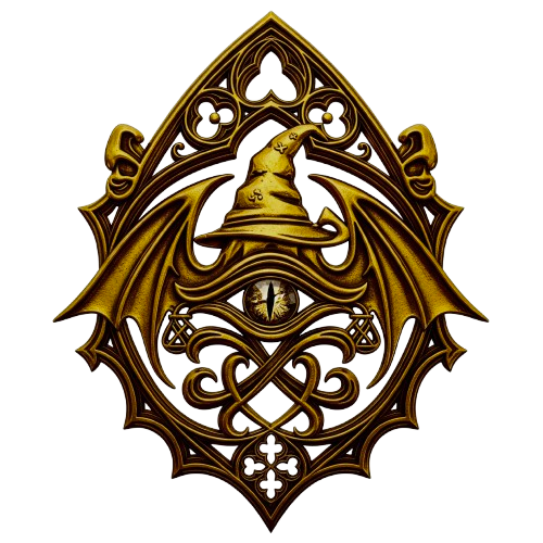 Ornate gold emblem featuring a witch's hat, wings, and an eye at the center.