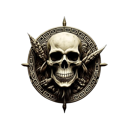 A detailed, metallic skull with feathers and blades behind it, set within a circular, Greek-patterned border.