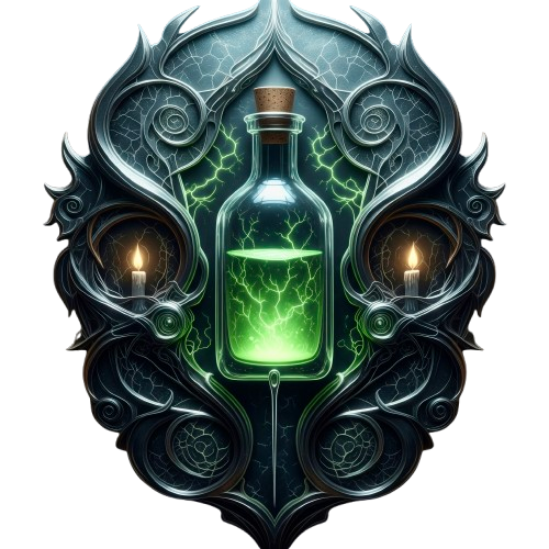 A glowing green potion bottle surrounded by dark, ornate, dragon-like metalwork with two lit candles on either side.