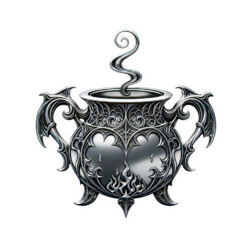 A ornate, metallic teapot with intricate scrollwork and heart-shaped details, emitting steam from the spout.