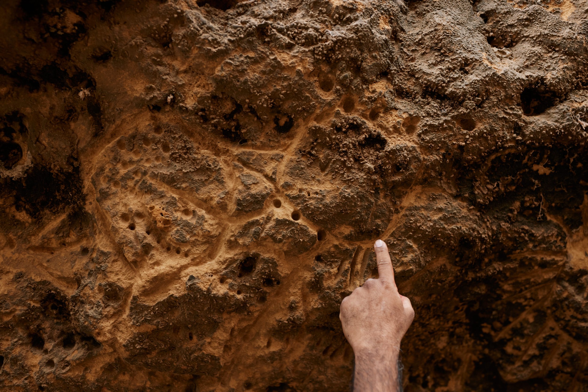 A person pointing at an ancient petroglyph carved into a rocky surface with multiple small holes and engraved lines.